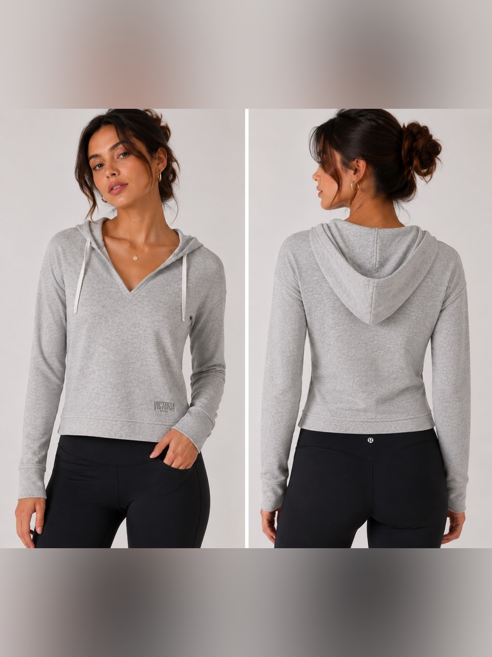 Victoria Sport Heather Gray V‑Neck Hooded Pullover Sweatshirt
